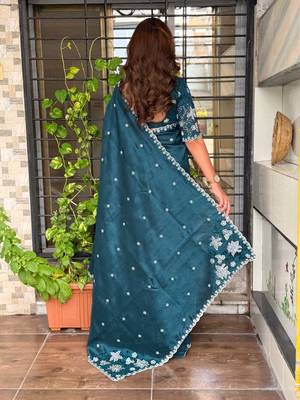 Teal tussar cotton embroidery work saree with matching blouse piece 2