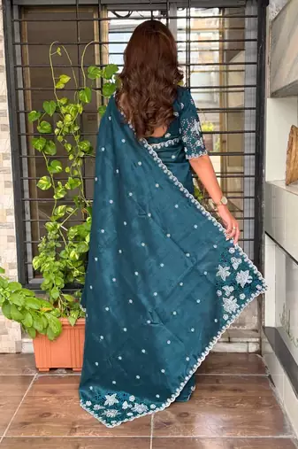 Teal tussar cotton embroidery work saree with matching blouse piece