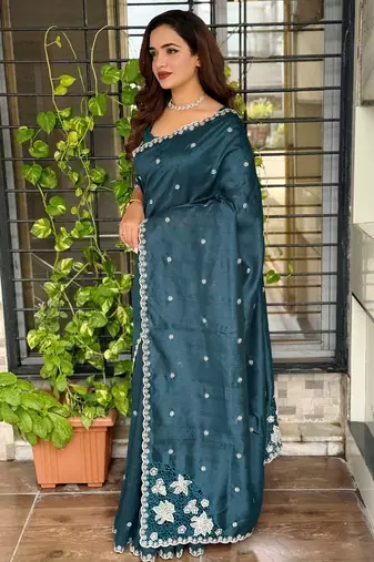 Teal tussar cotton embroidery work saree with matching blouse piece