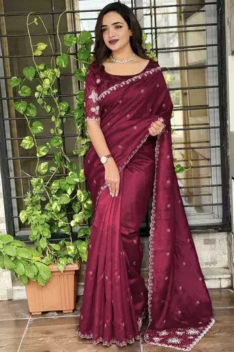 Burgundy tussar cotton embroidery work saree with matching blouse piece