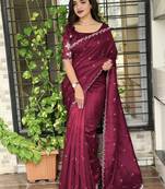 Burgundy tussar cotton embroidery work saree with matching blouse piece
