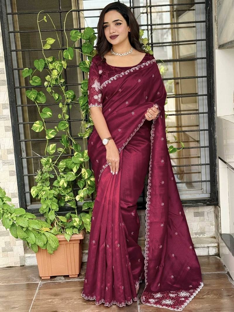 Burgundy tussar cotton embroidery work saree with matching blouse piece