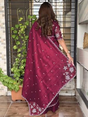 Burgundy tussar cotton embroidery work saree with matching blouse piece 2