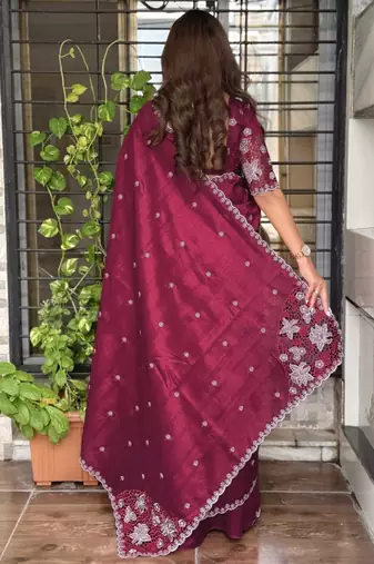 Burgundy tussar cotton embroidery work saree with matching blouse piece