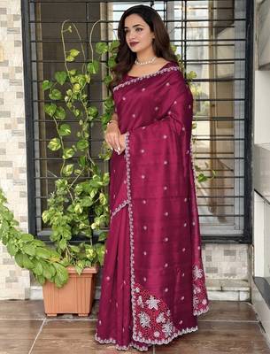 Burgundy tussar cotton embroidery work saree with matching blouse piece 3