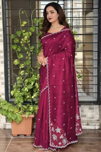 Burgundy tussar cotton embroidery work saree with matching blouse piece