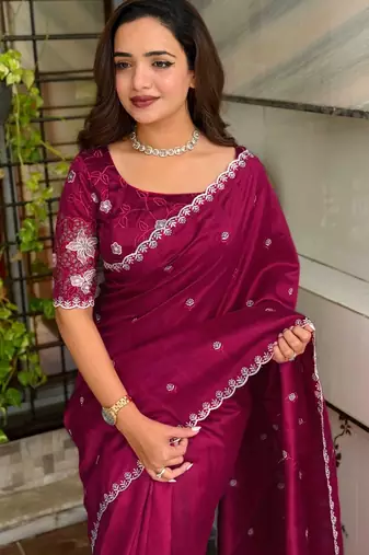 Burgundy tussar cotton embroidery work saree with matching blouse piece