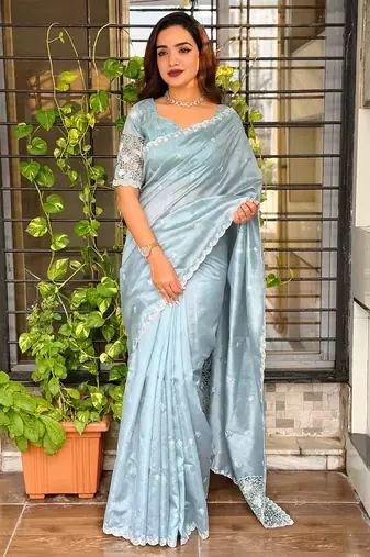 Blue tussar cotton embroidery work saree with matching blouse piece