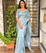 Blue tussar cotton embroidery work saree with matching blouse piece