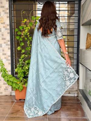 Blue tussar cotton embroidery work saree with matching blouse piece 2