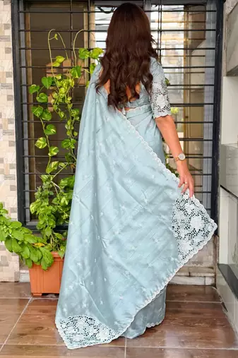 Blue tussar cotton embroidery work saree with matching blouse piece