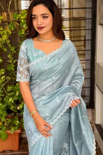 Blue tussar cotton embroidery work saree with matching blouse piece