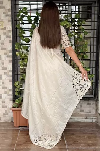 Cream tussar cotton embroidery work saree with matching blouse piece