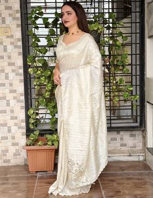 Cream tussar cotton embroidery work saree with matching blouse piece 3