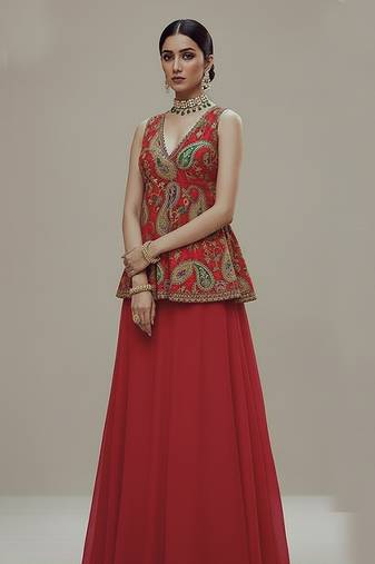 Red Printed Embroidered crepe co ord set