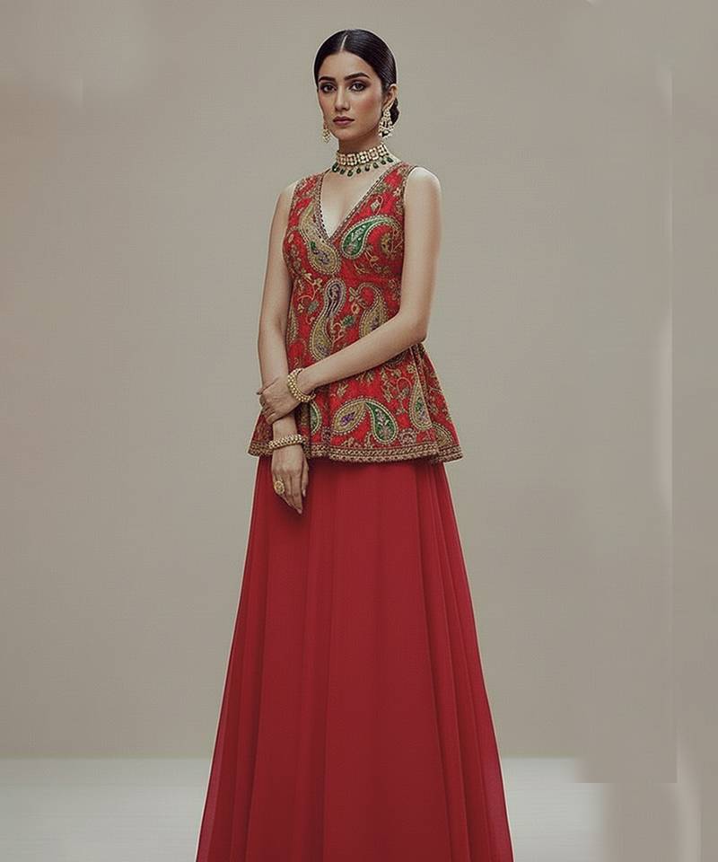 Red Printed Embroidered crepe co ord set