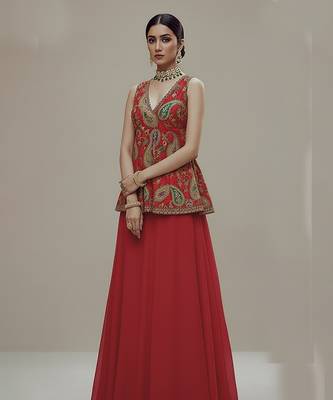 red crepe co-ord set with printed embroidered work 1