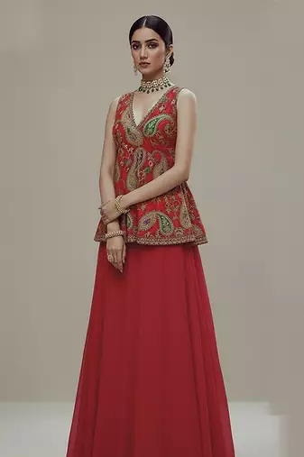 Red Printed Embroidered crepe co ord set
