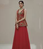 red crepe co-ord set with printed embroidered work