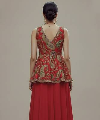 red crepe co-ord set with printed embroidered work 2