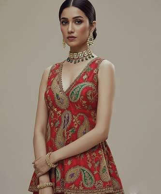 red crepe co-ord set with printed embroidered work 3