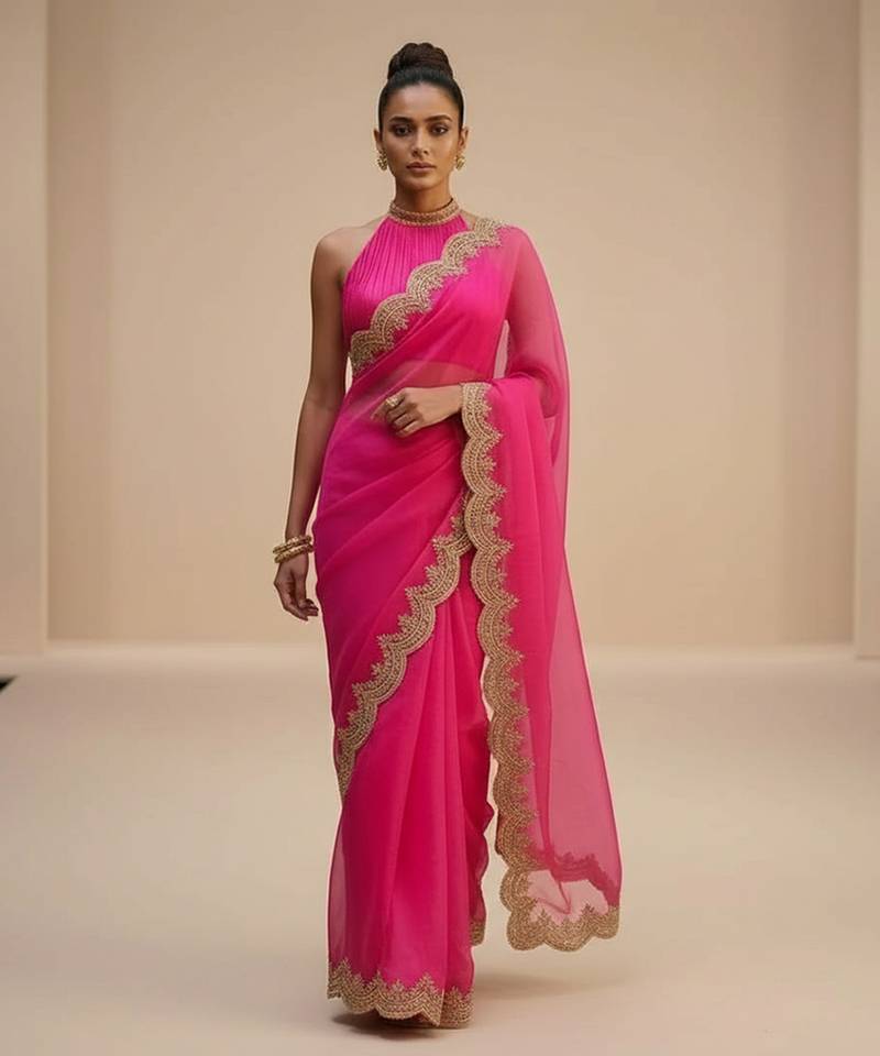 Pink embroidered organza saree set