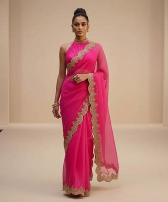pink organza saree with embroidered zari work designs 1