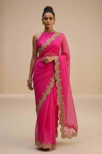 Pink embroidered organza saree set