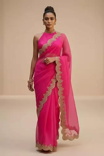 Pink embroidered organza saree set