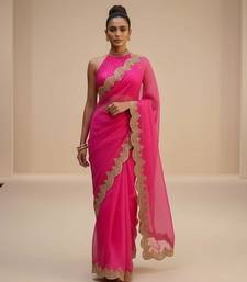 pink organza saree with embroidered zari work designs