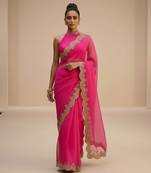 pink organza saree with embroidered zari work designs
