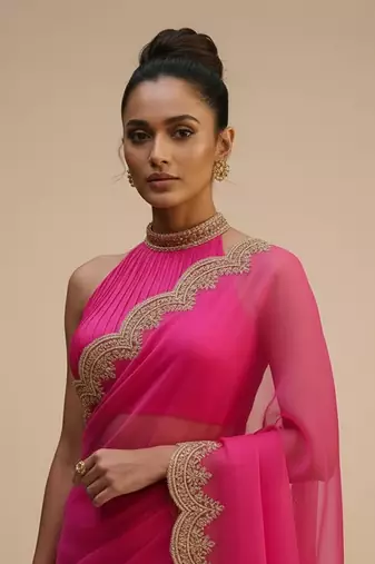 pink organza saree with embroidered zari work designs
