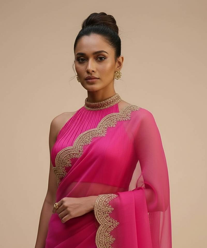 pink organza saree with embroidered zari work designs