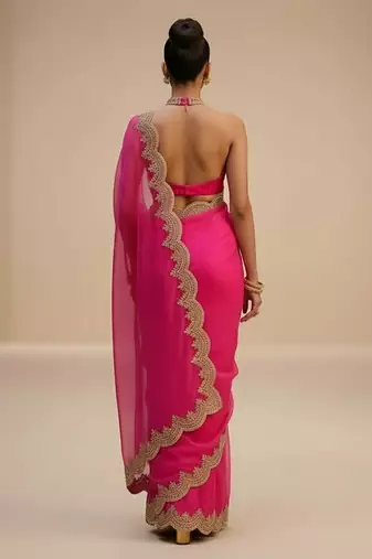pink organza saree with embroidered zari work designs