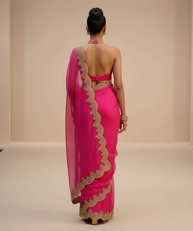 pink organza saree with embroidered zari work designs