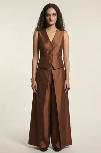 brown satin linen co-ord set for women