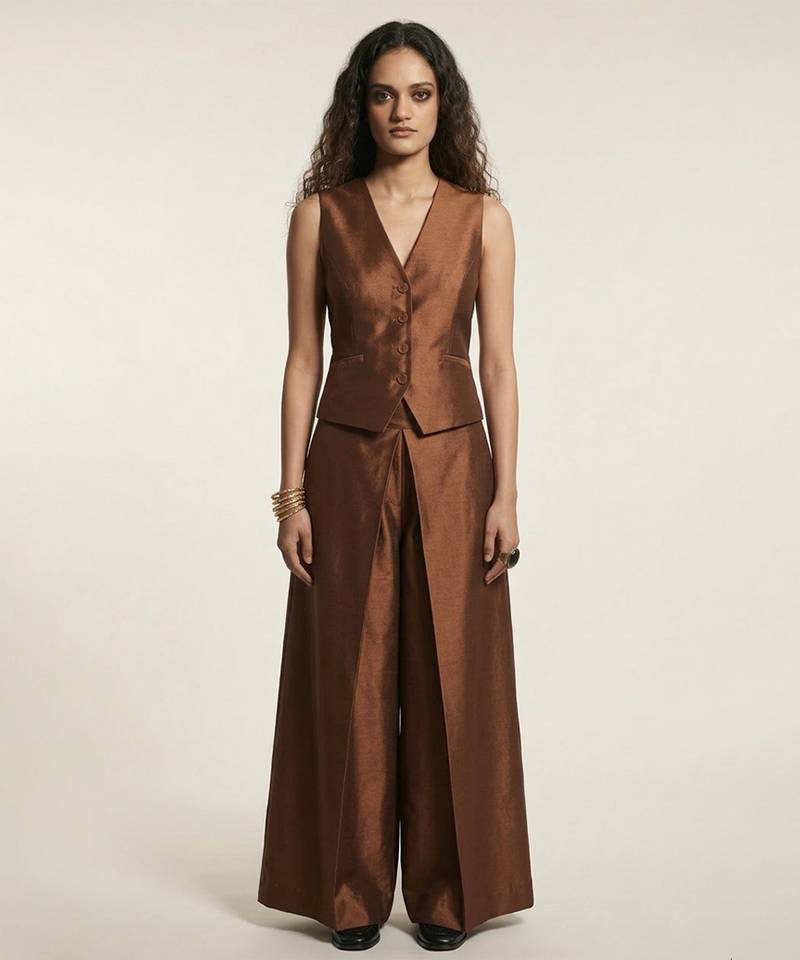 brown satin linen co-ord set for women