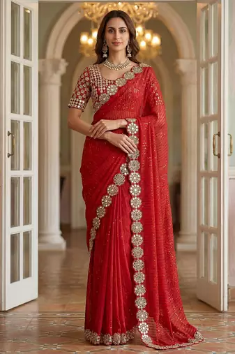 Red faux georgette embroiderd sequence work saree with matching blouse piece