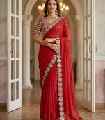 Red faux georgette embroiderd sequence work saree with matching blouse piece