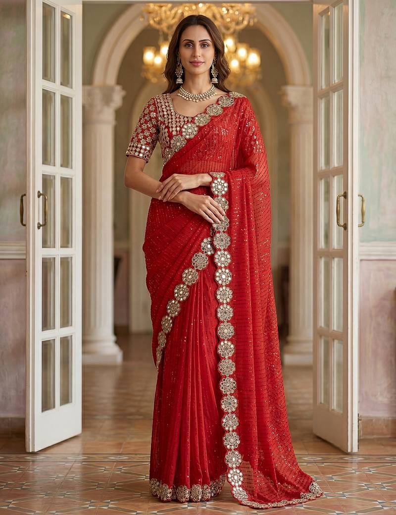 Red faux georgette embroiderd sequence work saree with matching blouse piece