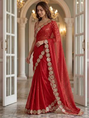Red faux georgette embroiderd sequence work saree with matching blouse piece 2