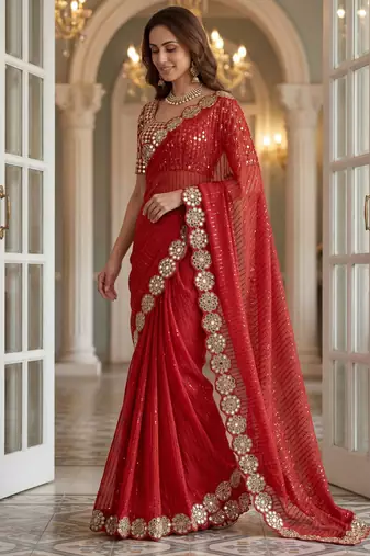 Red faux georgette embroiderd sequence work saree with matching blouse piece