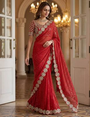 Red faux georgette embroiderd sequence work saree with matching blouse piece 3