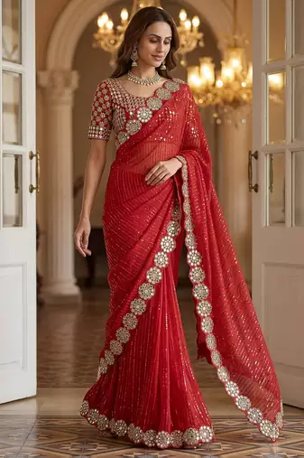 Red faux georgette embroiderd sequence work saree with matching blouse piece