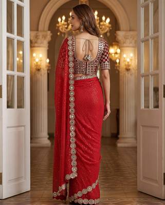 Red faux georgette embroiderd sequence work saree with matching blouse piece 4