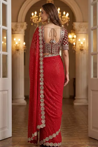 Red faux georgette embroiderd sequence work saree with matching blouse piece