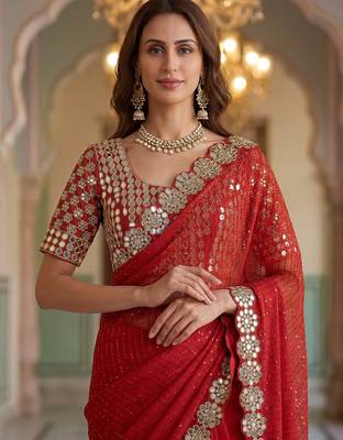 Red faux georgette embroiderd sequence work saree with matching blouse piece 5