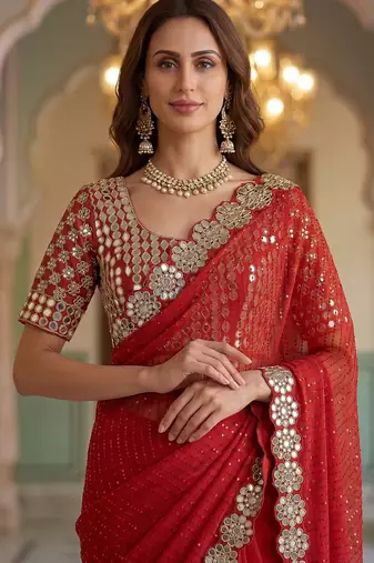 Red faux georgette embroiderd sequence work saree with matching blouse piece