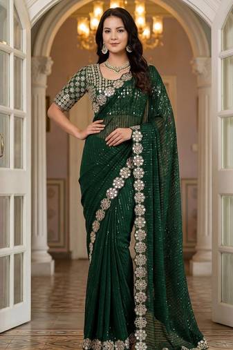 Green faux georgette embroiderd sequence work saree with matching blouse piece