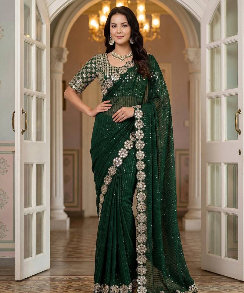 Green faux georgette embroiderd sequence work saree with matching blouse piece
